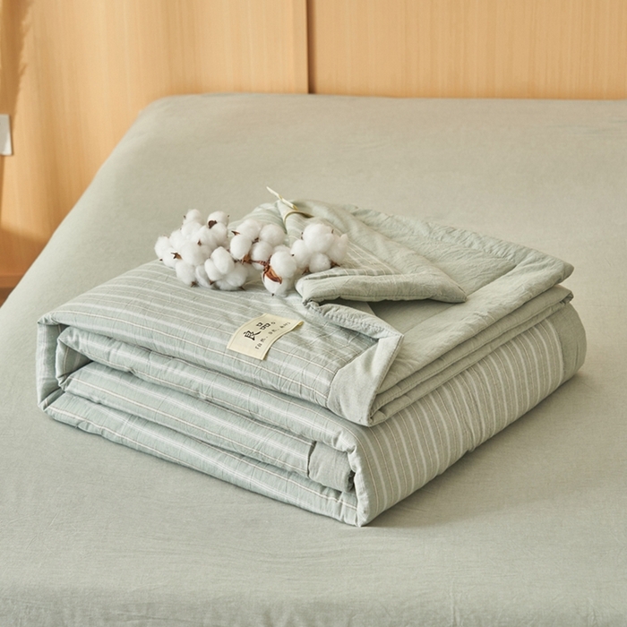 91家纺网 家纺一手货源 找家纺 简如 2026新款全棉纯棉色织水洗棉棉花空调被夏凉被 乐事-绿