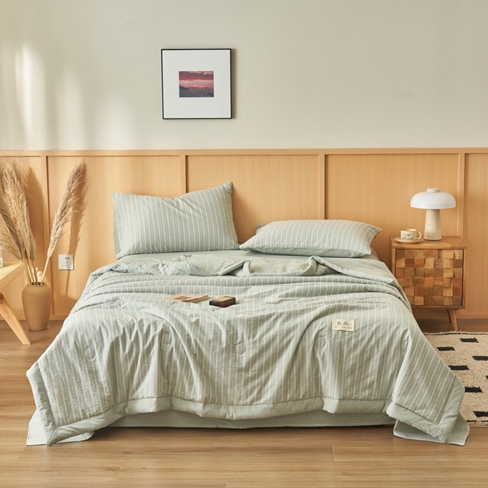 91家纺网 家纺一手货源 找家纺 简如 2026新款全棉纯棉色织水洗棉棉花空调被夏凉被 乐事-绿