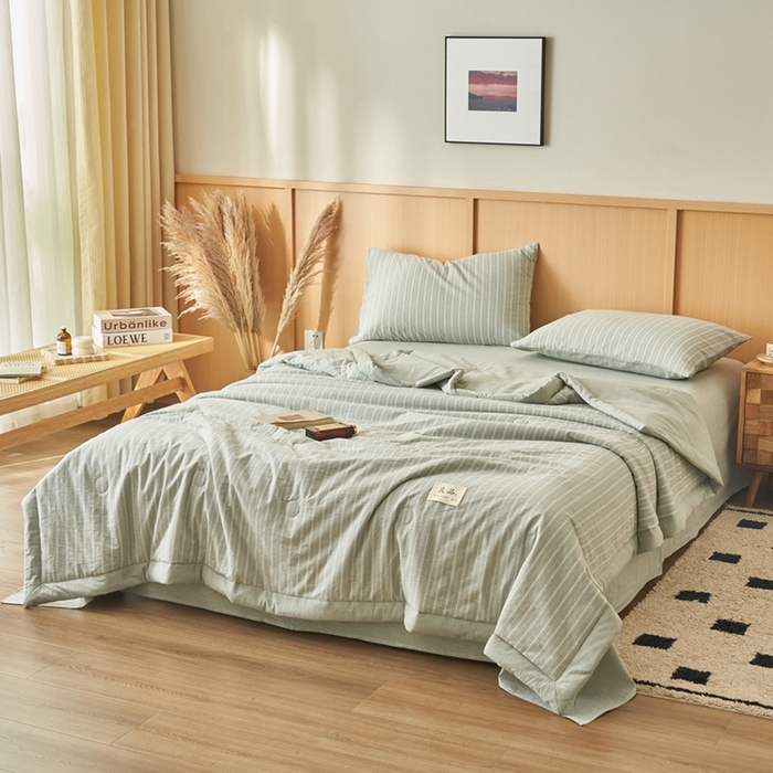 91家纺网 家纺一手货源 找家纺 简如 2026新款全棉纯棉色织水洗棉棉花空调被夏凉被 乐事-绿