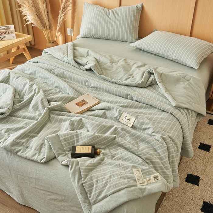91家纺网 家纺一手货源 找家纺 简如 2026新款全棉纯棉色织水洗棉棉花空调被夏凉被 乐事-绿