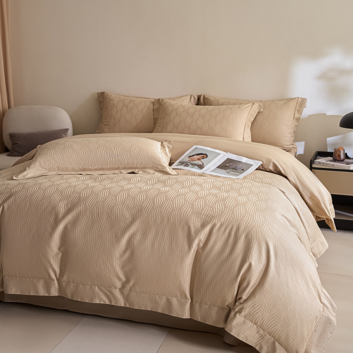 91家纺网 家纺一手货源 找家纺 新方向 【控价 提供买家秀】2026新款 提花50s双股全棉贡缎长绒棉四件套-云纹（控价标准328元 加大348元） 云纹-香槟