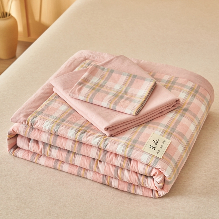 91家纺网 家纺一手货源 找家纺 简如 2026新款全棉纯棉色织水洗棉棉花空调被夏凉被 莫妮-粉