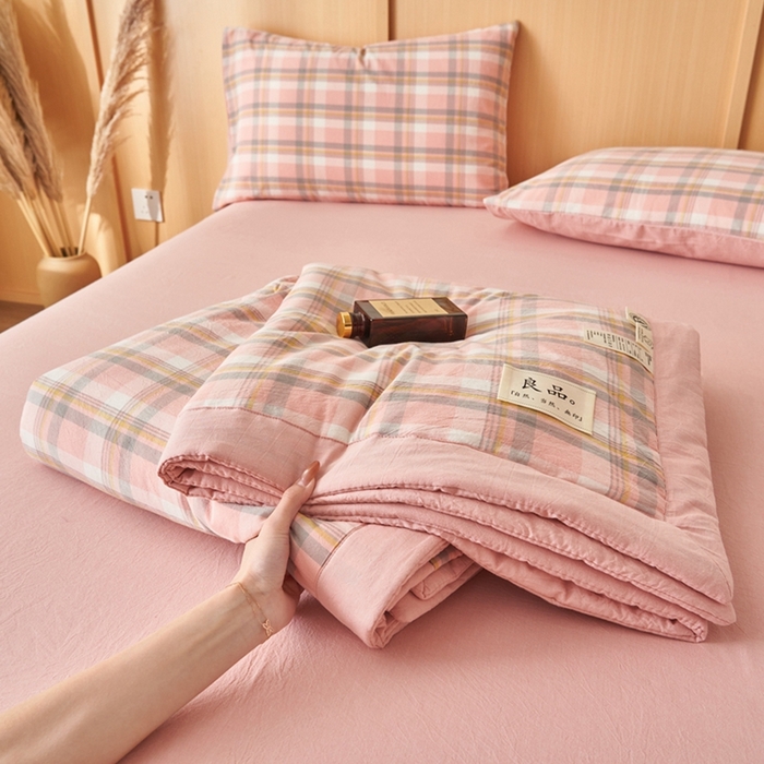 91家纺网 家纺一手货源 找家纺 简如 2026新款全棉纯棉色织水洗棉棉花空调被夏凉被 莫妮-粉