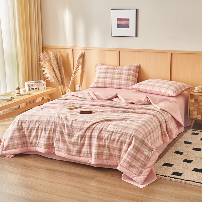 91家纺网 家纺一手货源 找家纺 简如 2026新款全棉纯棉色织水洗棉棉花空调被夏凉被 莫妮-粉