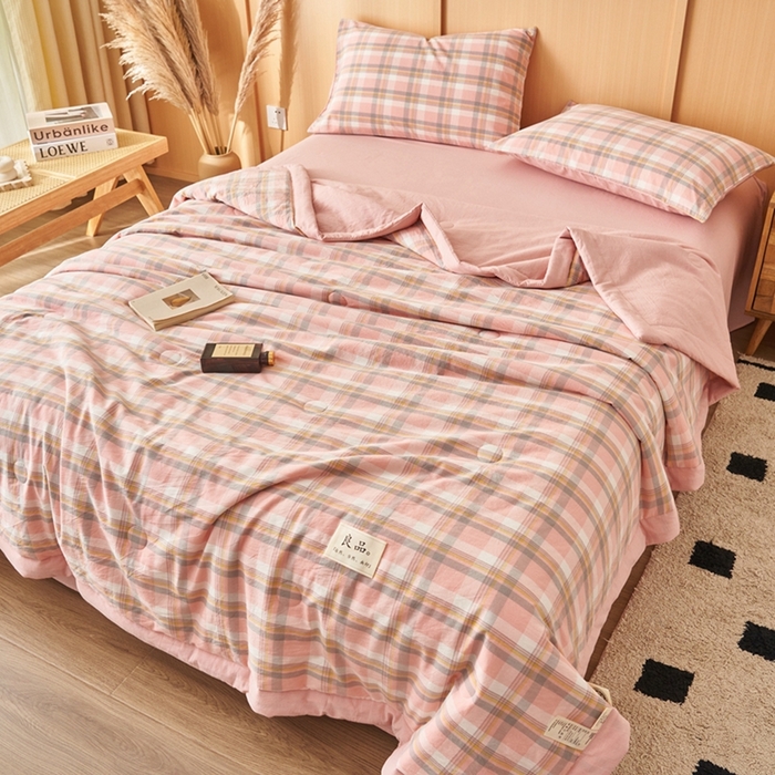 91家纺网 家纺一手货源 找家纺 简如 2026新款全棉纯棉色织水洗棉棉花空调被夏凉被 莫妮-粉