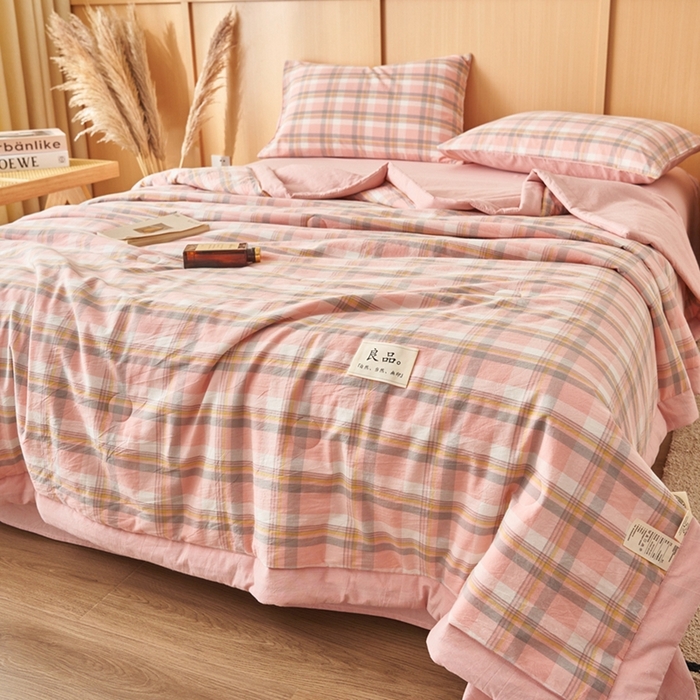 91家纺网 家纺一手货源 找家纺 简如 2026新款全棉纯棉色织水洗棉棉花空调被夏凉被 莫妮-粉