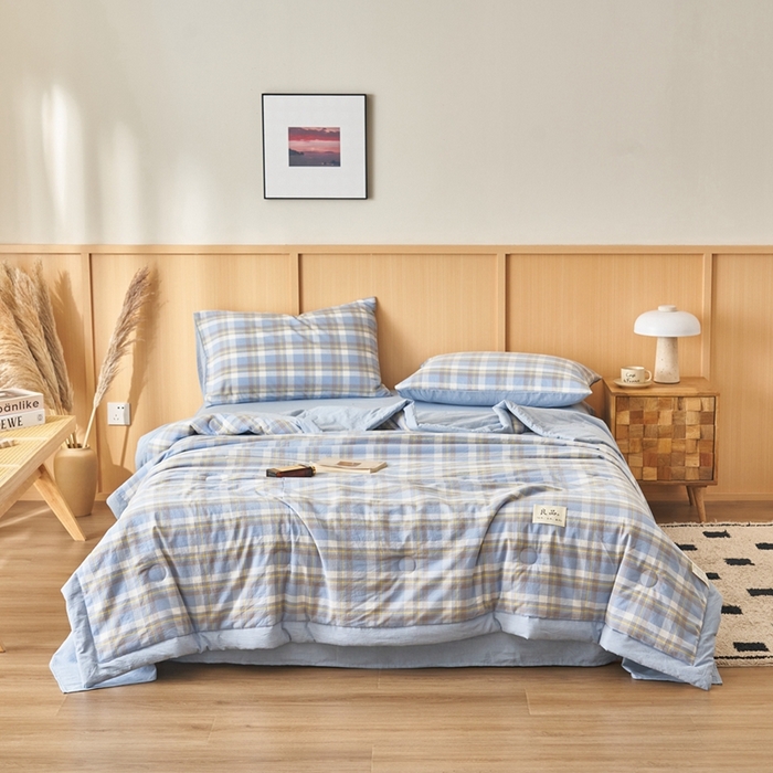 91家纺网 家纺一手货源 找家纺 简如 2026新款全棉纯棉色织水洗棉棉花空调被夏凉被 莫妮-蓝