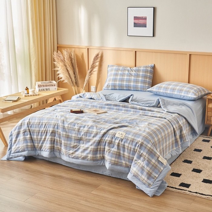 91家纺网 家纺一手货源 找家纺 简如 2026新款全棉纯棉色织水洗棉棉花空调被夏凉被 莫妮-蓝