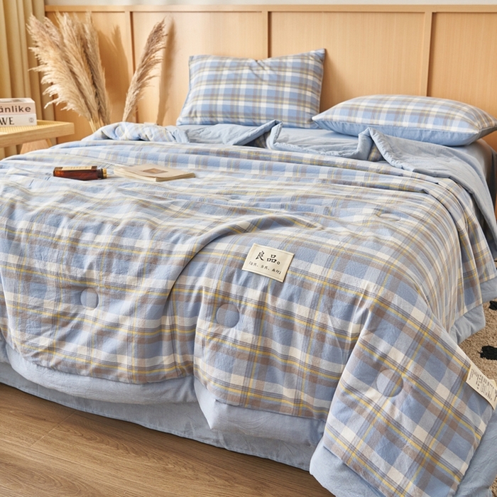 91家纺网 家纺一手货源 找家纺 简如 2026新款全棉纯棉色织水洗棉棉花空调被夏凉被 莫妮-蓝