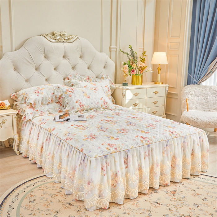 91家纺网 家纺一手货源 找家纺 宜凡家纺 2026新款莱赛尔印花夹棉单床裙床裙三件套 海棠听风