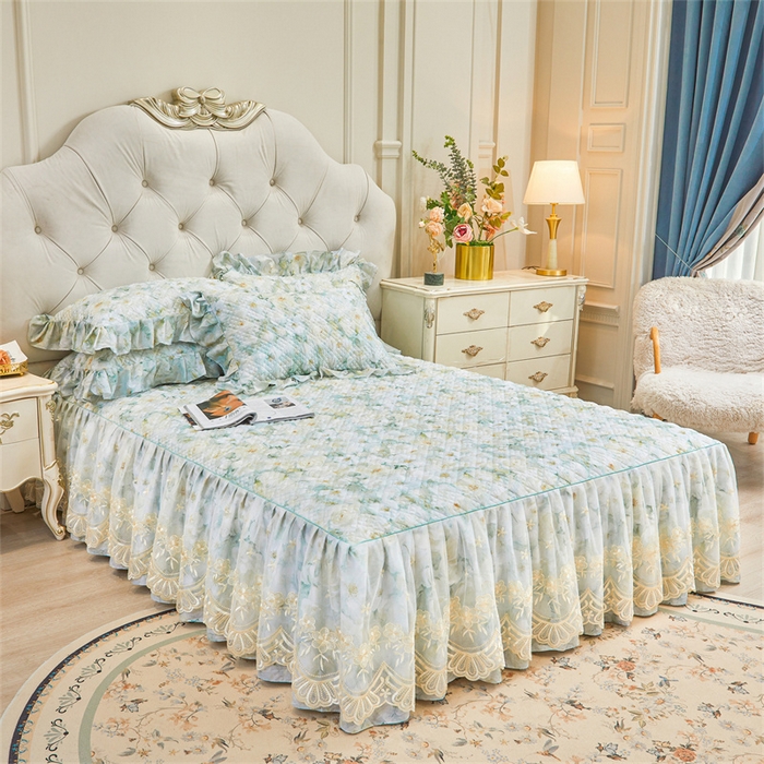 91家纺网 家纺一手货源 找家纺 宜凡家纺 2026新款莱赛尔印花夹棉单床裙床裙三件套 栀子花年