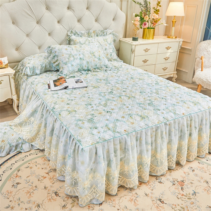 91家纺网 家纺一手货源 找家纺 宜凡家纺 2026新款莱赛尔印花夹棉单床裙床裙三件套 栀子花年