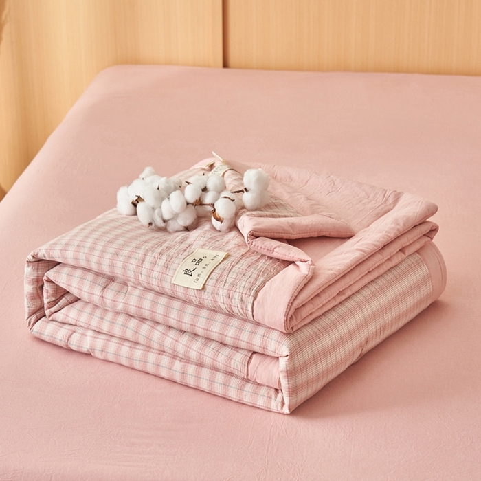 91家纺网 家纺一手货源 找家纺 简如 2026新款全棉纯棉色织水洗棉棉花空调被夏凉被 柠檬-粉