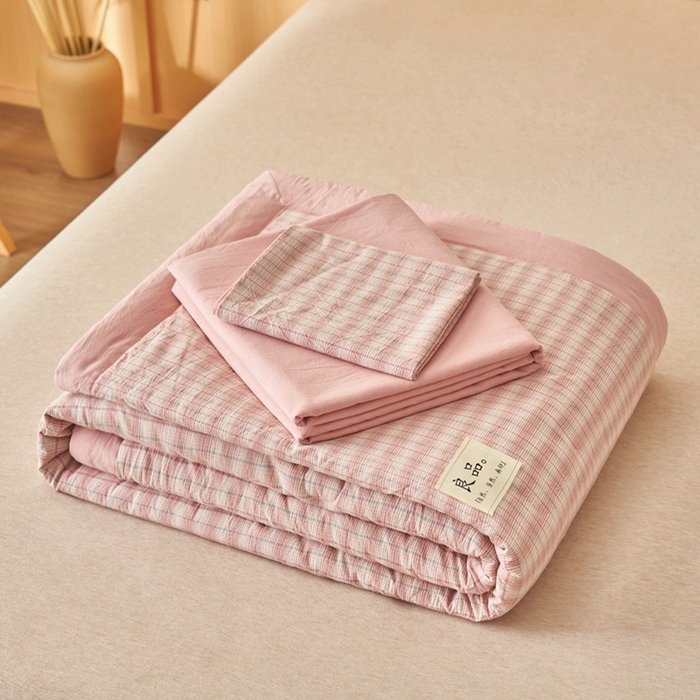 91家纺网 家纺一手货源 找家纺 简如 2026新款全棉纯棉色织水洗棉棉花空调被夏凉被 柠檬-粉