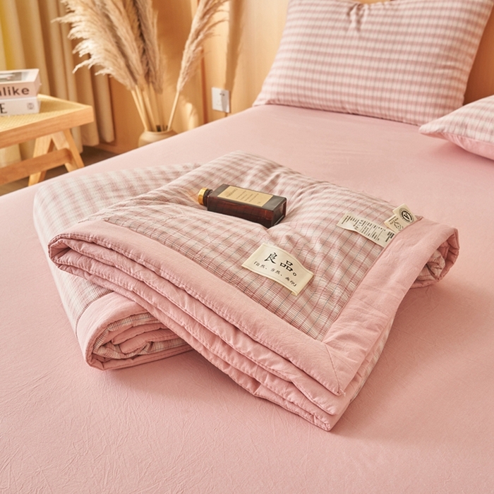 91家纺网 家纺一手货源 找家纺 简如 2026新款全棉纯棉色织水洗棉棉花空调被夏凉被 柠檬-粉