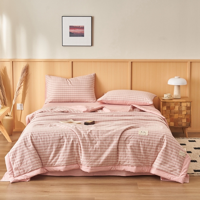 91家纺网 家纺一手货源 找家纺 简如 2026新款全棉纯棉色织水洗棉棉花空调被夏凉被 柠檬-粉