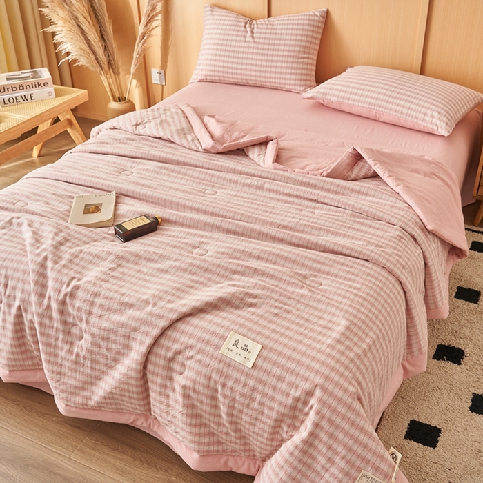 91家纺网 家纺一手货源 找家纺 简如 2026新款全棉纯棉色织水洗棉棉花空调被夏凉被 柠檬-粉