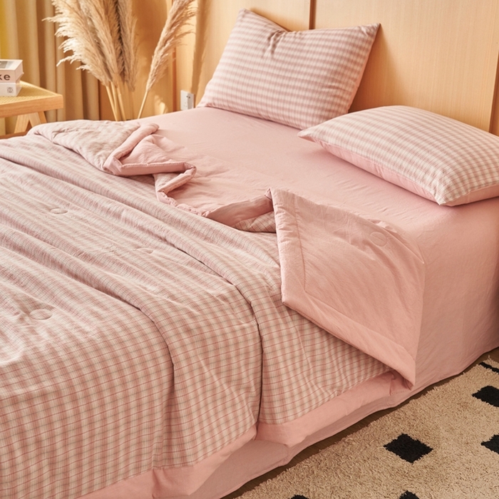 91家纺网 家纺一手货源 找家纺 简如 2026新款全棉纯棉色织水洗棉棉花空调被夏凉被 柠檬-粉