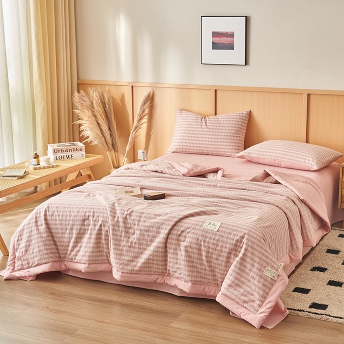 91家纺网 家纺一手货源 找家纺 简如 2026新款全棉纯棉色织水洗棉棉花空调被夏凉被 柠檬-粉