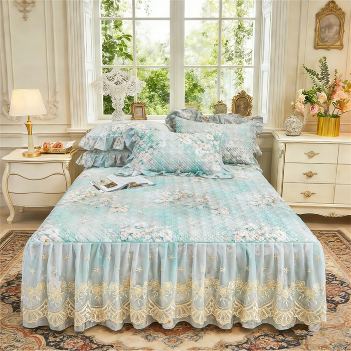 91家纺网 家纺一手货源 找家纺 （总）宜凡家纺 2026新款莱赛尔印花夹棉单床裙床裙三件套