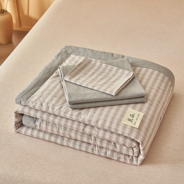 91家纺网 家纺一手货源 找家纺 简如 2026新款全棉纯棉色织水洗棉棉花空调被夏凉被 柠檬-灰