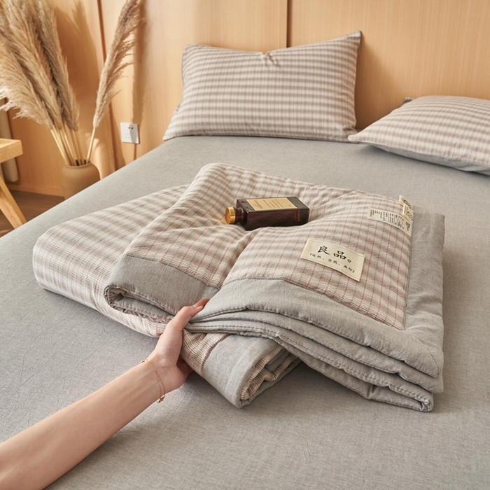 91家纺网 家纺一手货源 找家纺 简如 2026新款全棉纯棉色织水洗棉棉花空调被夏凉被 柠檬-灰