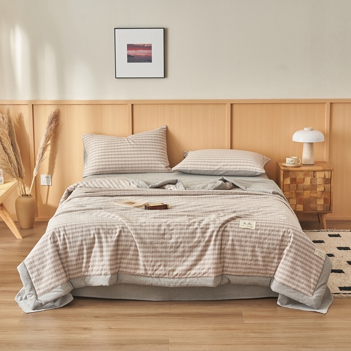 91家纺网 家纺一手货源 找家纺 简如 2026新款全棉纯棉色织水洗棉棉花空调被夏凉被 柠檬-灰