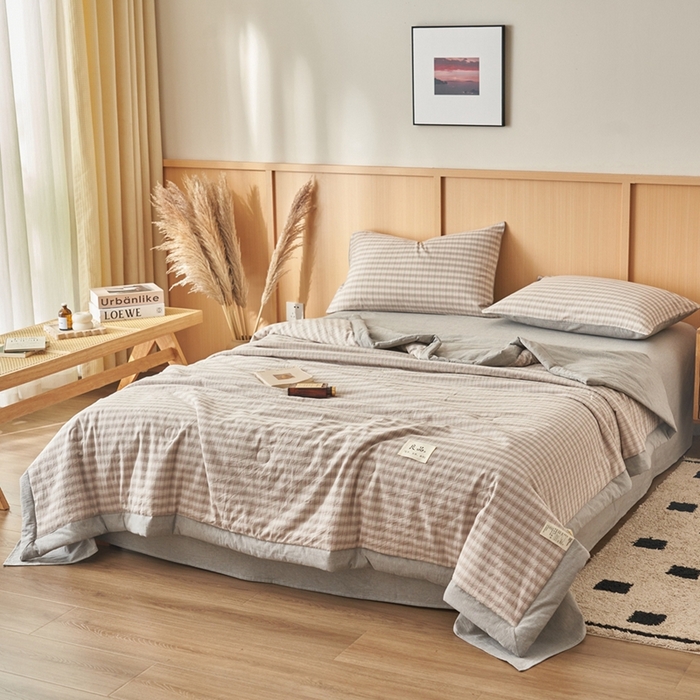 91家纺网 家纺一手货源 找家纺 简如 2026新款全棉纯棉色织水洗棉棉花空调被夏凉被 柠檬-灰