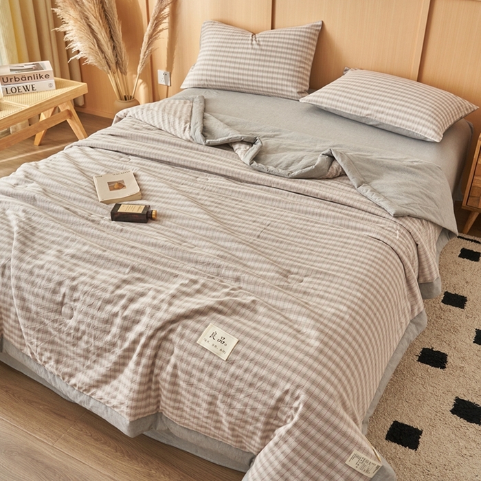 91家纺网 家纺一手货源 找家纺 简如 2026新款全棉纯棉色织水洗棉棉花空调被夏凉被 柠檬-灰