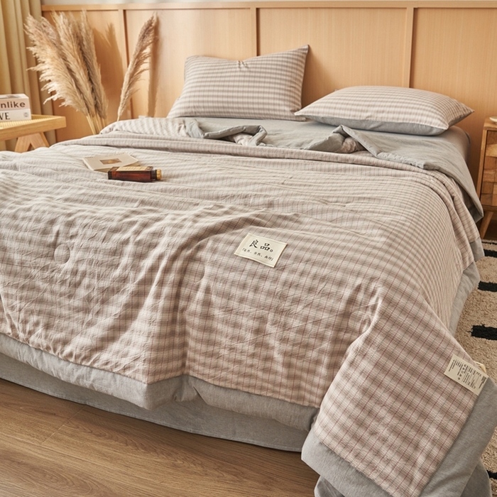 91家纺网 家纺一手货源 找家纺 简如 2026新款全棉纯棉色织水洗棉棉花空调被夏凉被 柠檬-灰