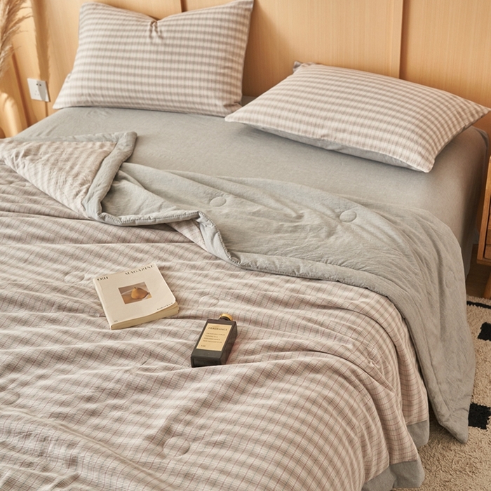 91家纺网 家纺一手货源 找家纺 简如 2026新款全棉纯棉色织水洗棉棉花空调被夏凉被 柠檬-灰