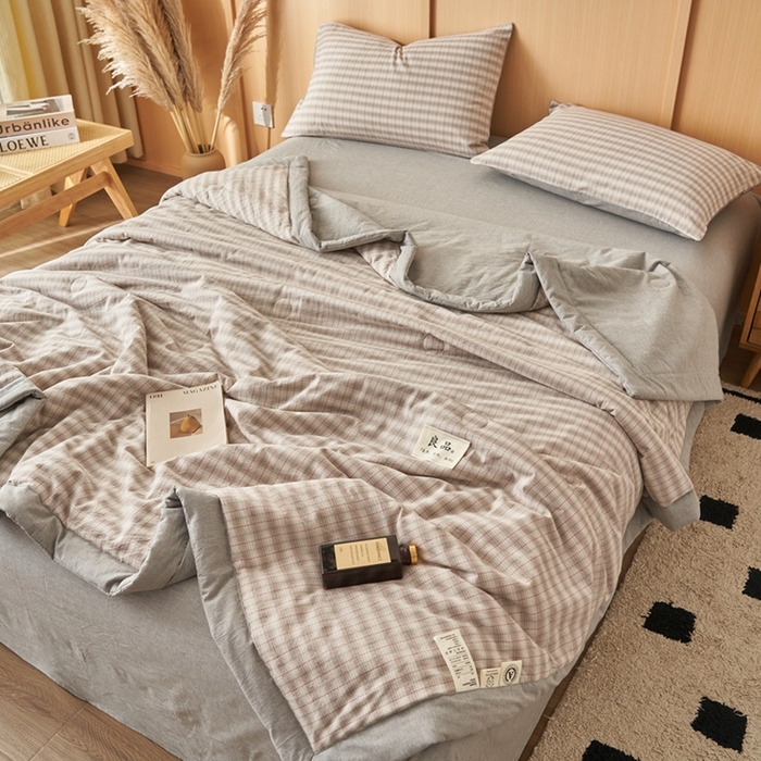 91家纺网 家纺一手货源 找家纺 简如 2026新款全棉纯棉色织水洗棉棉花空调被夏凉被 柠檬-灰