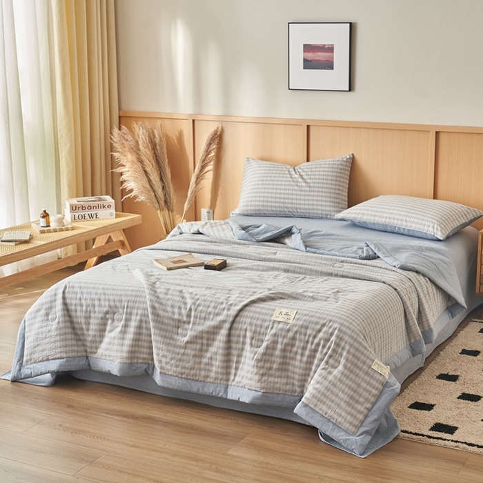 91家纺网 家纺一手货源 找家纺 简如 2026新款全棉纯棉色织水洗棉棉花空调被夏凉被 柠檬-蓝