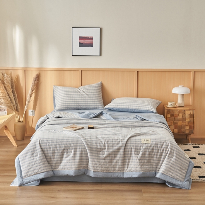 91家纺网 家纺一手货源 找家纺 简如 2026新款全棉纯棉色织水洗棉棉花空调被夏凉被 柠檬-蓝