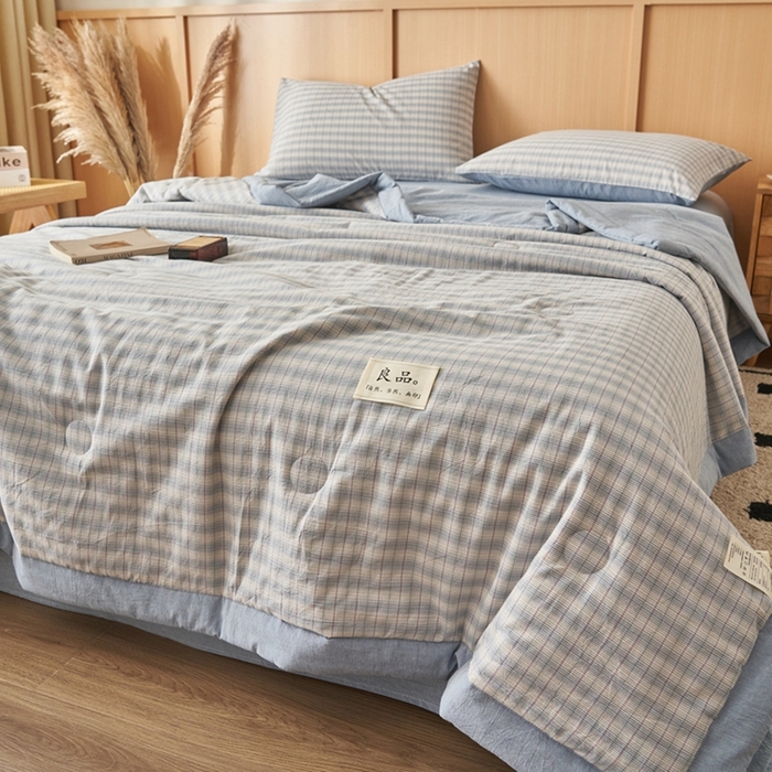 91家纺网 家纺一手货源 找家纺 简如 2026新款全棉纯棉色织水洗棉棉花空调被夏凉被 柠檬-蓝