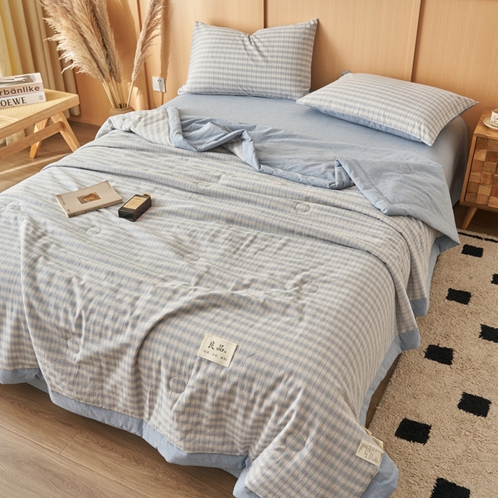 91家纺网 家纺一手货源 找家纺 简如 2026新款全棉纯棉色织水洗棉棉花空调被夏凉被 柠檬-蓝