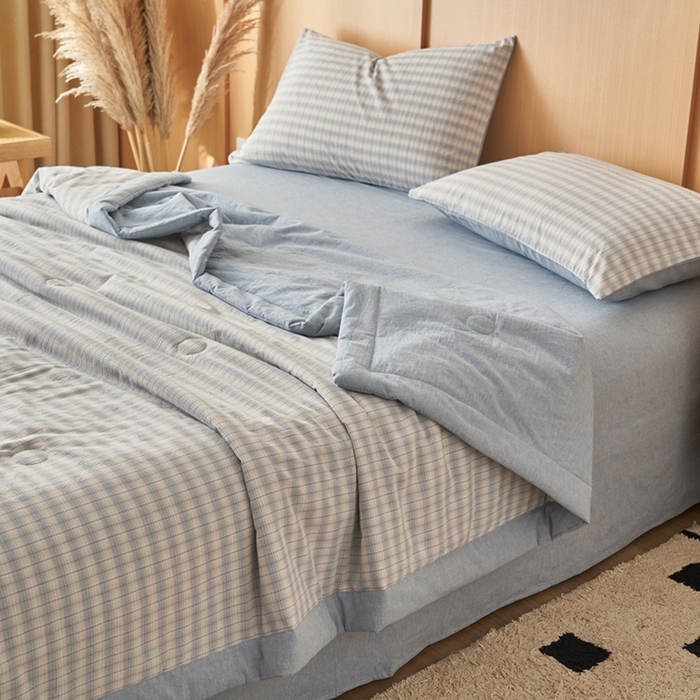 91家纺网 家纺一手货源 找家纺 简如 2026新款全棉纯棉色织水洗棉棉花空调被夏凉被 柠檬-蓝