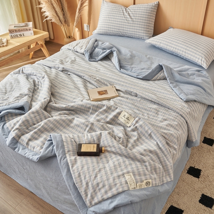 91家纺网 家纺一手货源 找家纺 简如 2026新款全棉纯棉色织水洗棉棉花空调被夏凉被 柠檬-蓝