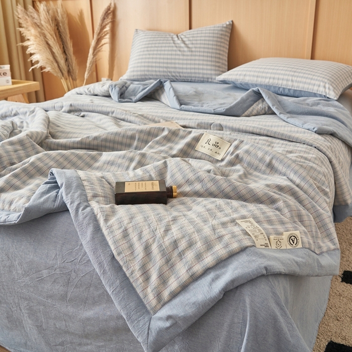 91家纺网 家纺一手货源 找家纺 简如 2026新款全棉纯棉色织水洗棉棉花空调被夏凉被 柠檬-蓝