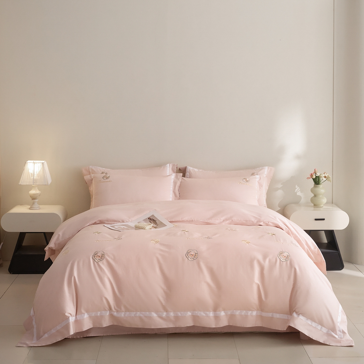 新方向 【控价 提供买家秀】2026新款刺绣50s双股全棉贡缎长绒棉四件套-半夏（控价 标准338元 加大358元） 半夏-蔷薇粉