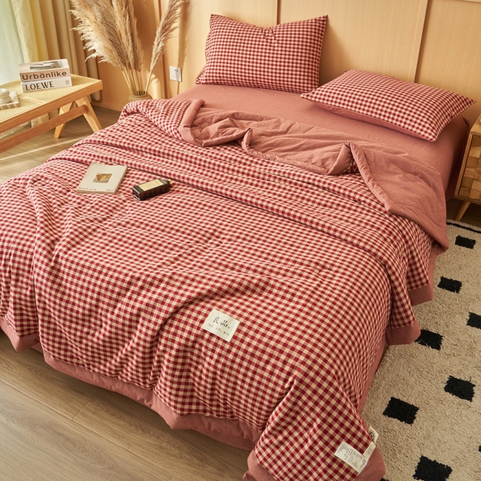 91家纺网 家纺一手货源 找家纺 简如 2026新款全棉纯棉色织水洗棉棉花空调被夏凉被 芸素-红