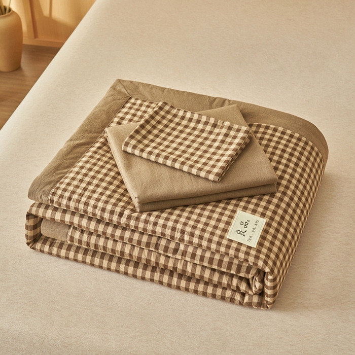 91家纺网 家纺一手货源 找家纺 简如 2026新款全棉纯棉色织水洗棉棉花空调被夏凉被 芸素-咖