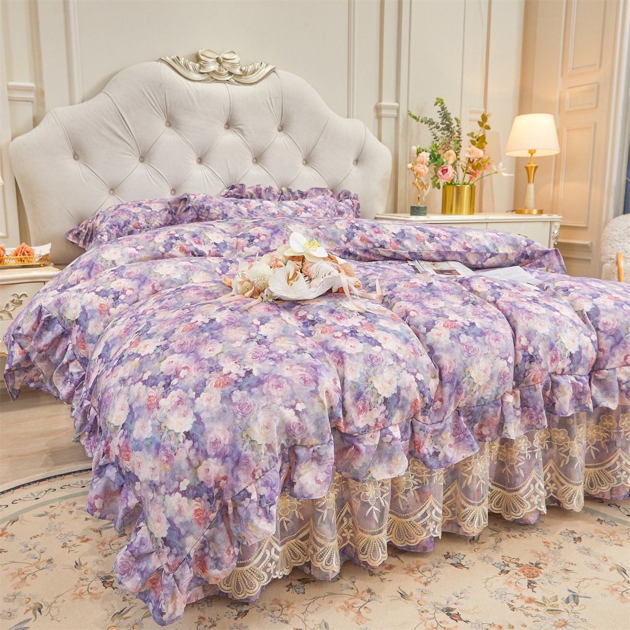 91家纺网 家纺一手货源 找家纺 宜凡家纺 2026新款莱赛尔印花夹棉床裙四件套 海棠碎影