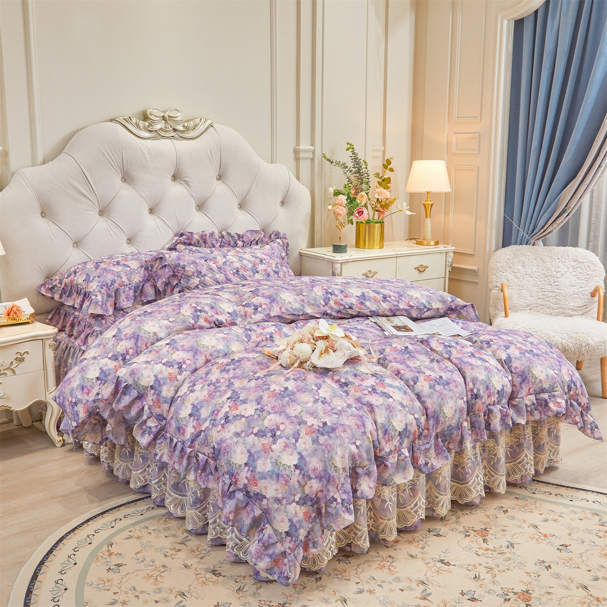 91家纺网 家纺一手货源 找家纺 宜凡家纺 2026新款莱赛尔印花夹棉床裙四件套 海棠碎影