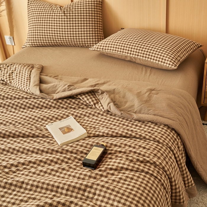 91家纺网 家纺一手货源 找家纺 简如 2026新款全棉纯棉色织水洗棉棉花空调被夏凉被 芸素-咖