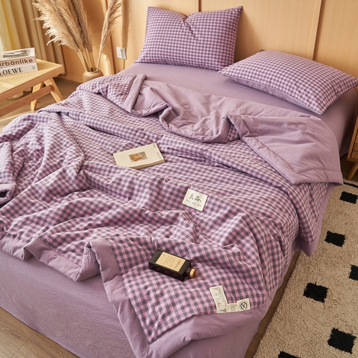 91家纺网 家纺一手货源 找家纺 简如 2026新款全棉纯棉色织水洗棉棉花空调被夏凉被 芸素-紫