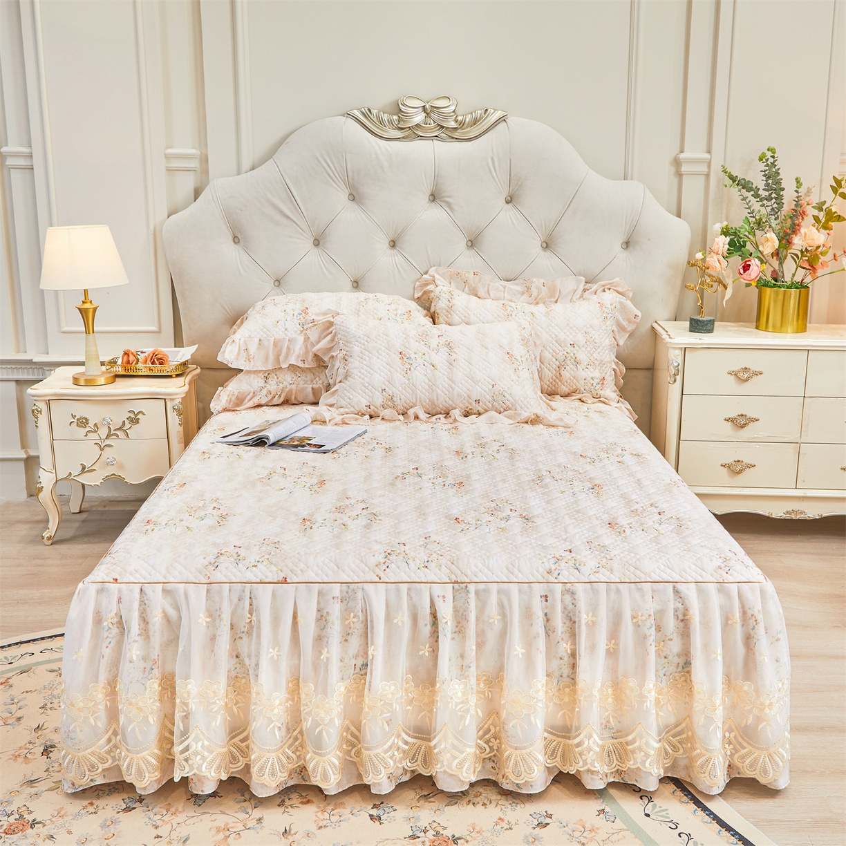 91家纺网 家纺一手货源 找家纺 宜凡家纺 2026新款莱赛尔印花夹棉床裙四件套 兰枝玉树