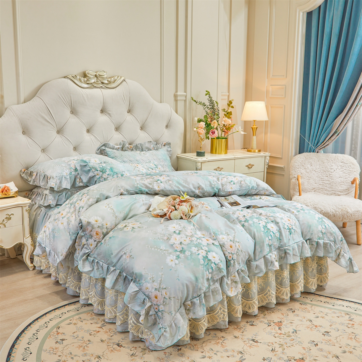 91家纺网 家纺一手货源 找家纺 宜凡家纺 2026新款莱赛尔印花夹棉床裙四件套 蓝铃风语