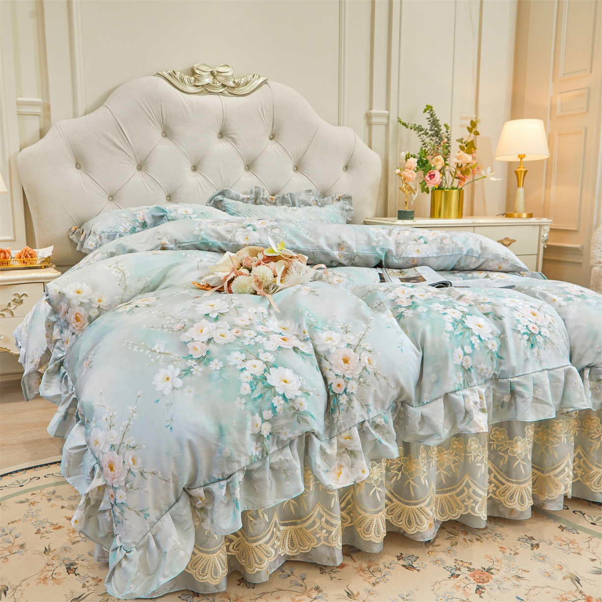 91家纺网 家纺一手货源 找家纺 宜凡家纺 2026新款莱赛尔印花夹棉床裙四件套 蓝铃风语