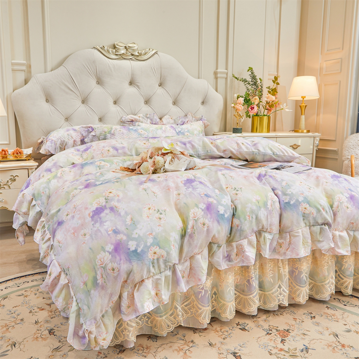 91家纺网 家纺一手货源 找家纺 宜凡家纺 2026新款莱赛尔印花夹棉床裙四件套 鸢尾幽梦